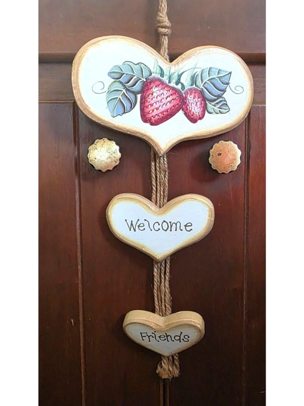 Hand-Painted Wooden Heart "Welcome Friends" Strawberry Design Cottagecore Decor